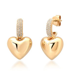 Pave Diamond & Puffy High Polish Heart Drop Earrings