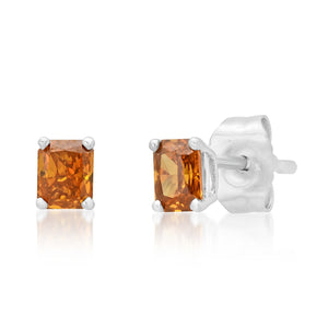 Petite Emerald Cut Orange Diamond Sprinkle Stud Earrings