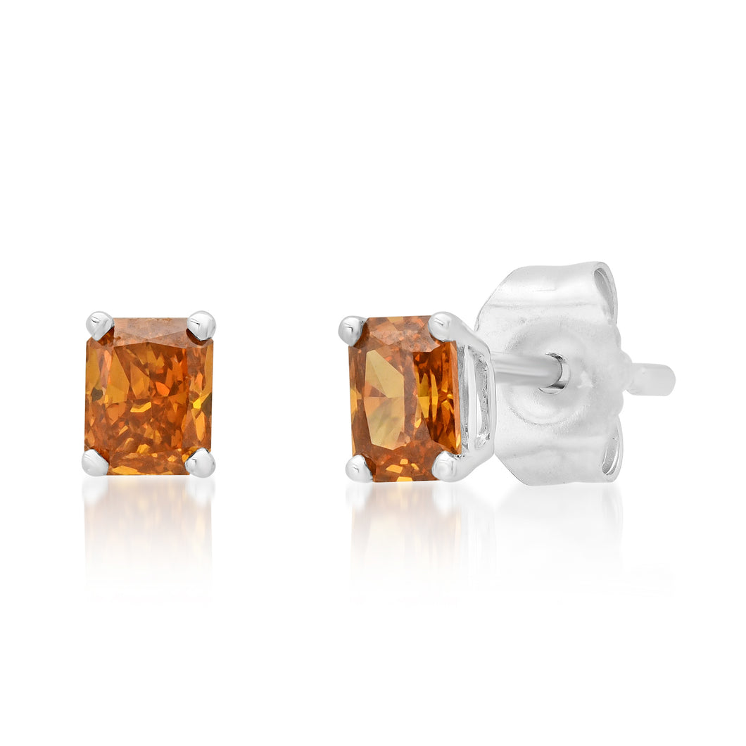 Petite Emerald Cut Orange Diamond Sprinkle Stud Earrings