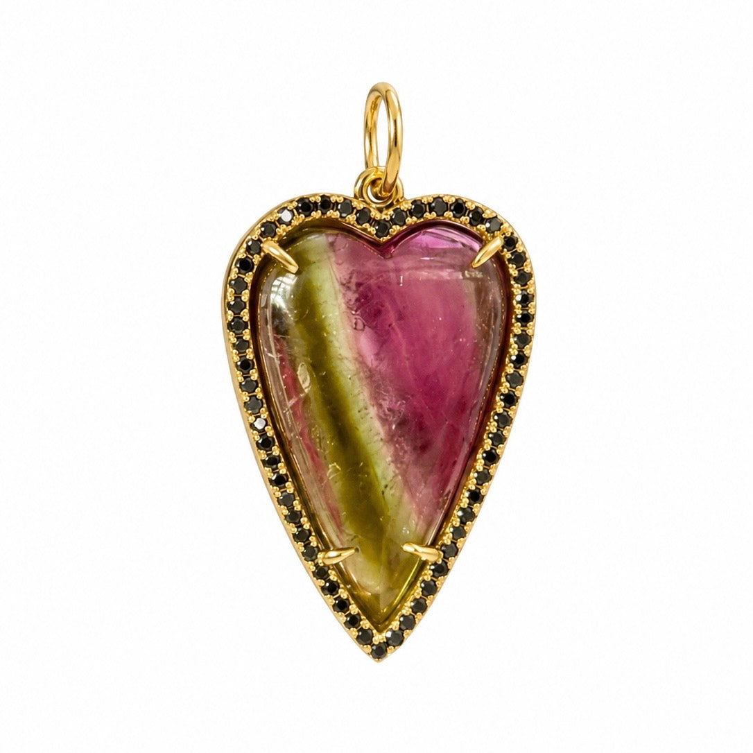  One of a Kind Watermelon Tourmaline Heart Charm with Black Diamonds