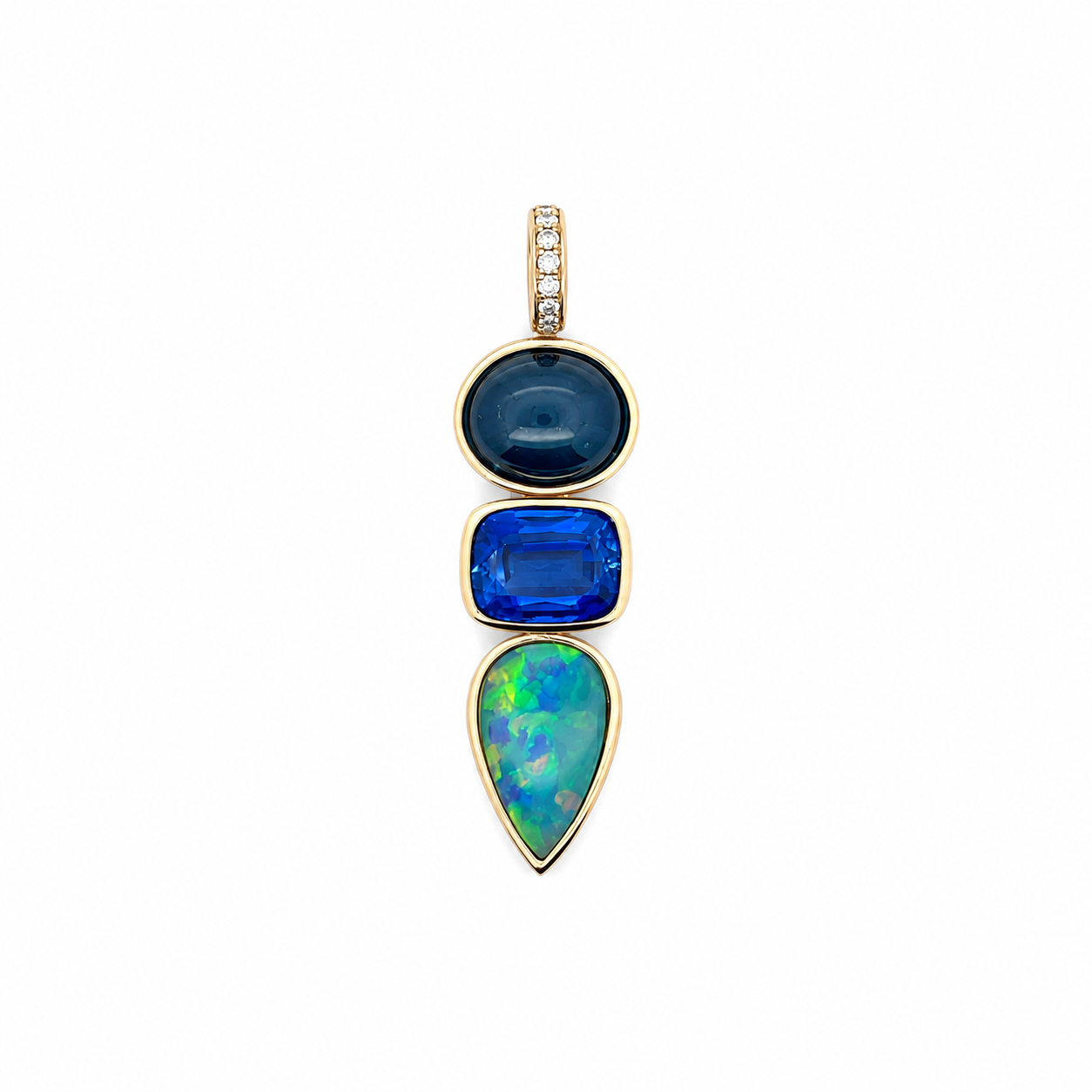 Blue Sapphire, Kyanite & Opal Triple Step Drop Charm