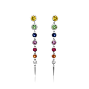 Bezel Set Emerald or Rainbow Sapphire & Diamond Drop Earrings