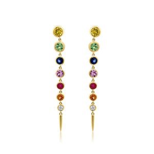 Bezel Set Emerald or Rainbow Sapphire & Diamond Drop Earrings