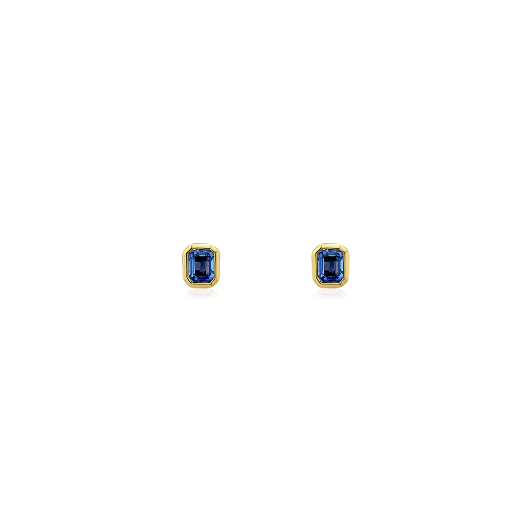 Emerald Cut Blue Sapphire Bezel Stud Earrings