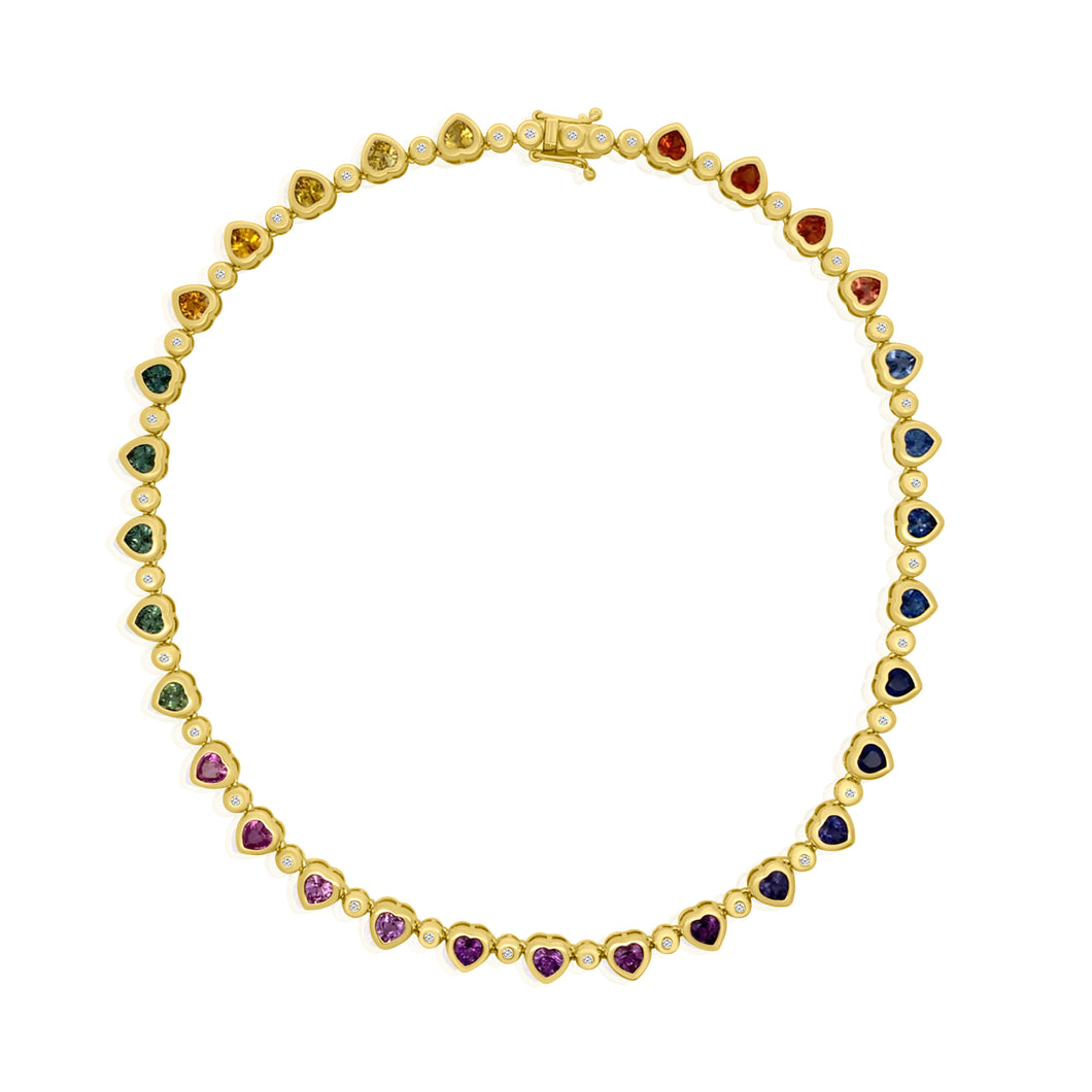 Mixed Sapphire & Diamond Bezel Set Heart Tennis Necklace
