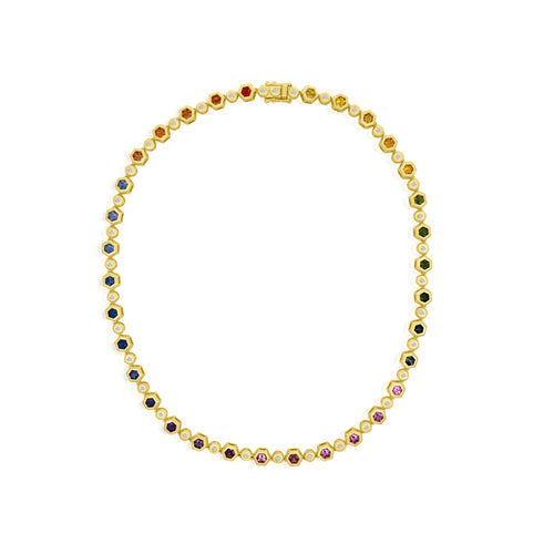 Mixed Sapphire & Diamond Bezel Set Hexagon Tennis Necklace