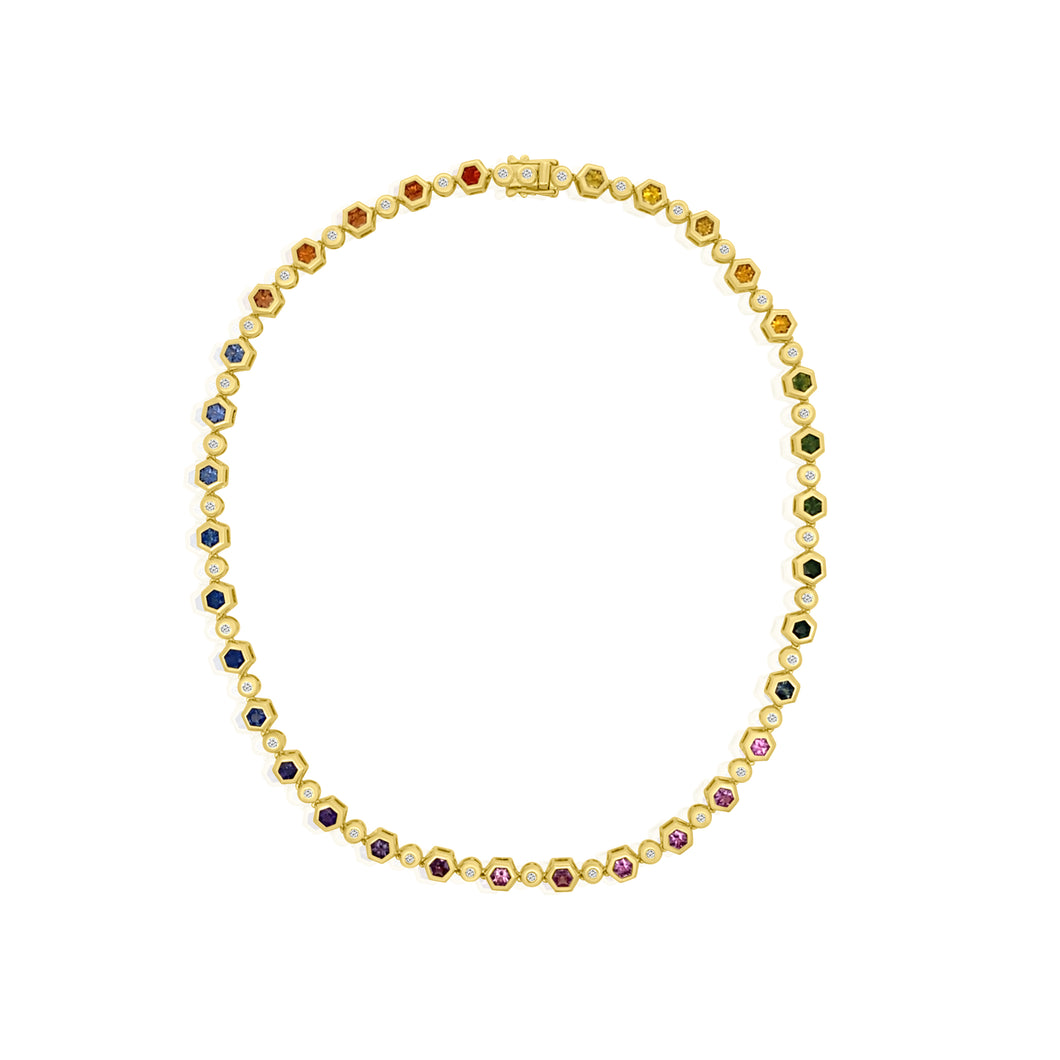 Mixed Sapphire & Diamond Bezel Set Hexagon Tennis Necklace