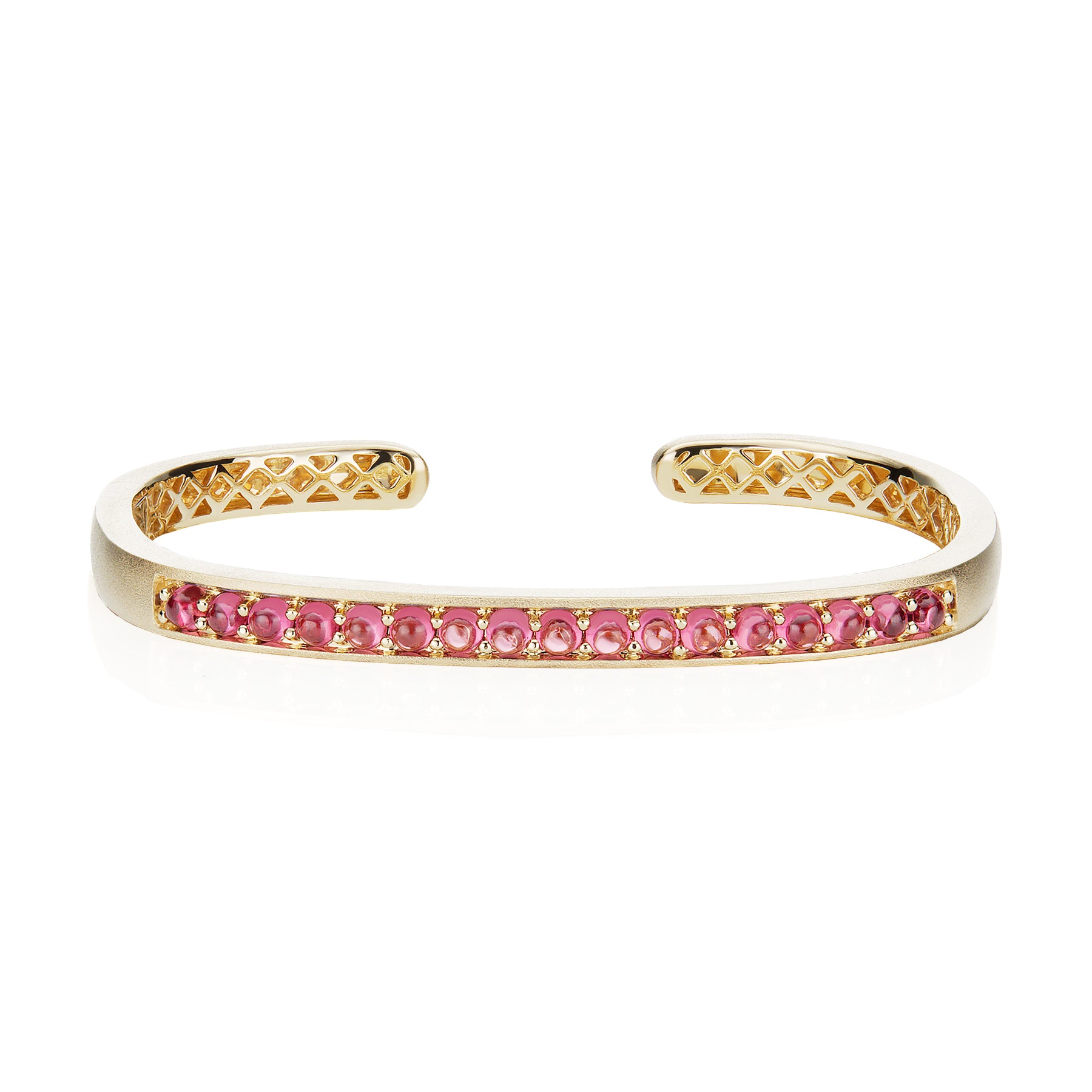 Hinged Rectangular Cuff Bracelet with Pink Rhodolite Garnet Cabochons