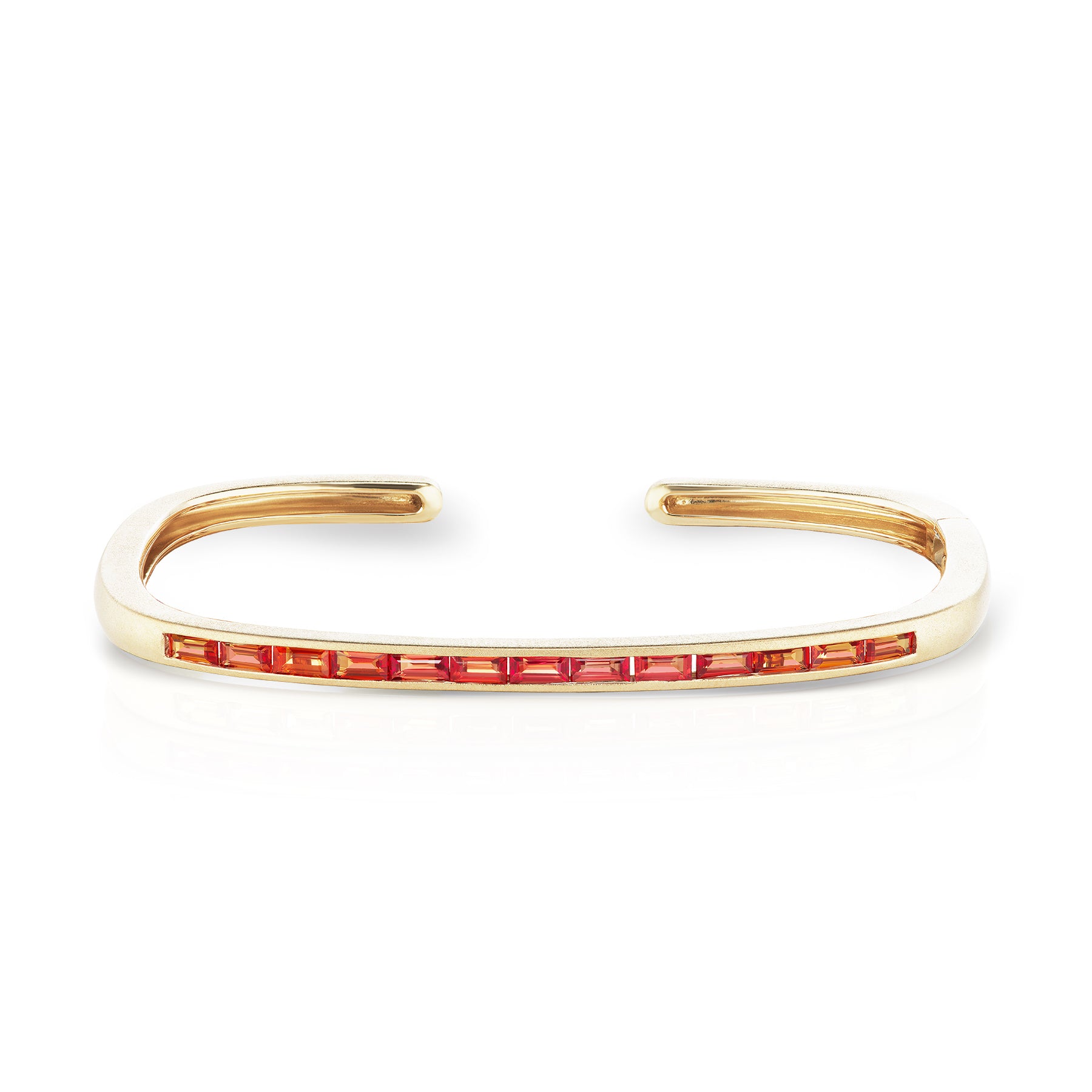 One of a Kind Slim Hinged Rectangular Cuff Bracelet with Red Orange Sapphire Baguettes