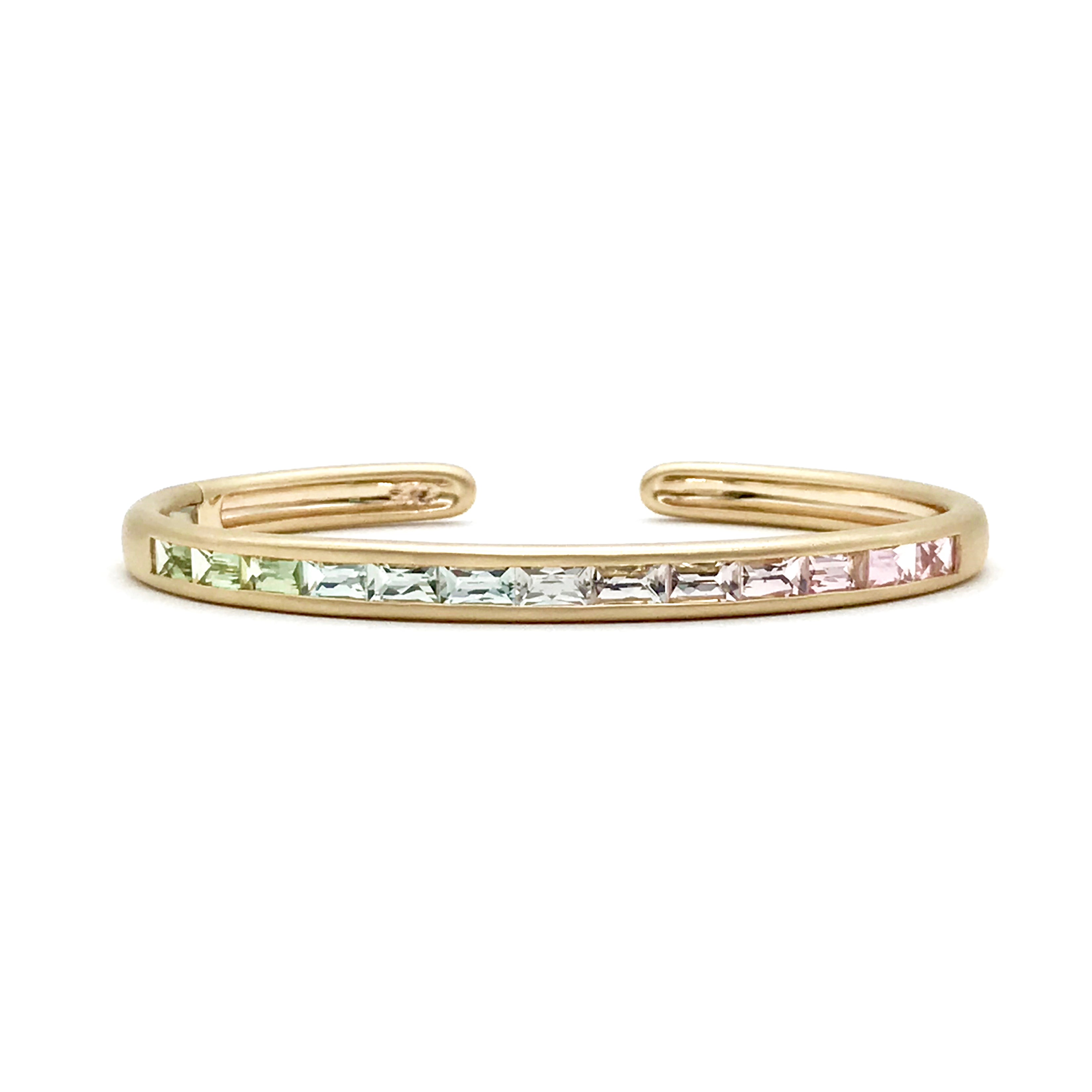One of a Kind Hinged Oval Cuff Bracelet with Light Green To Pink Tourmaline Ombre Baguettes
