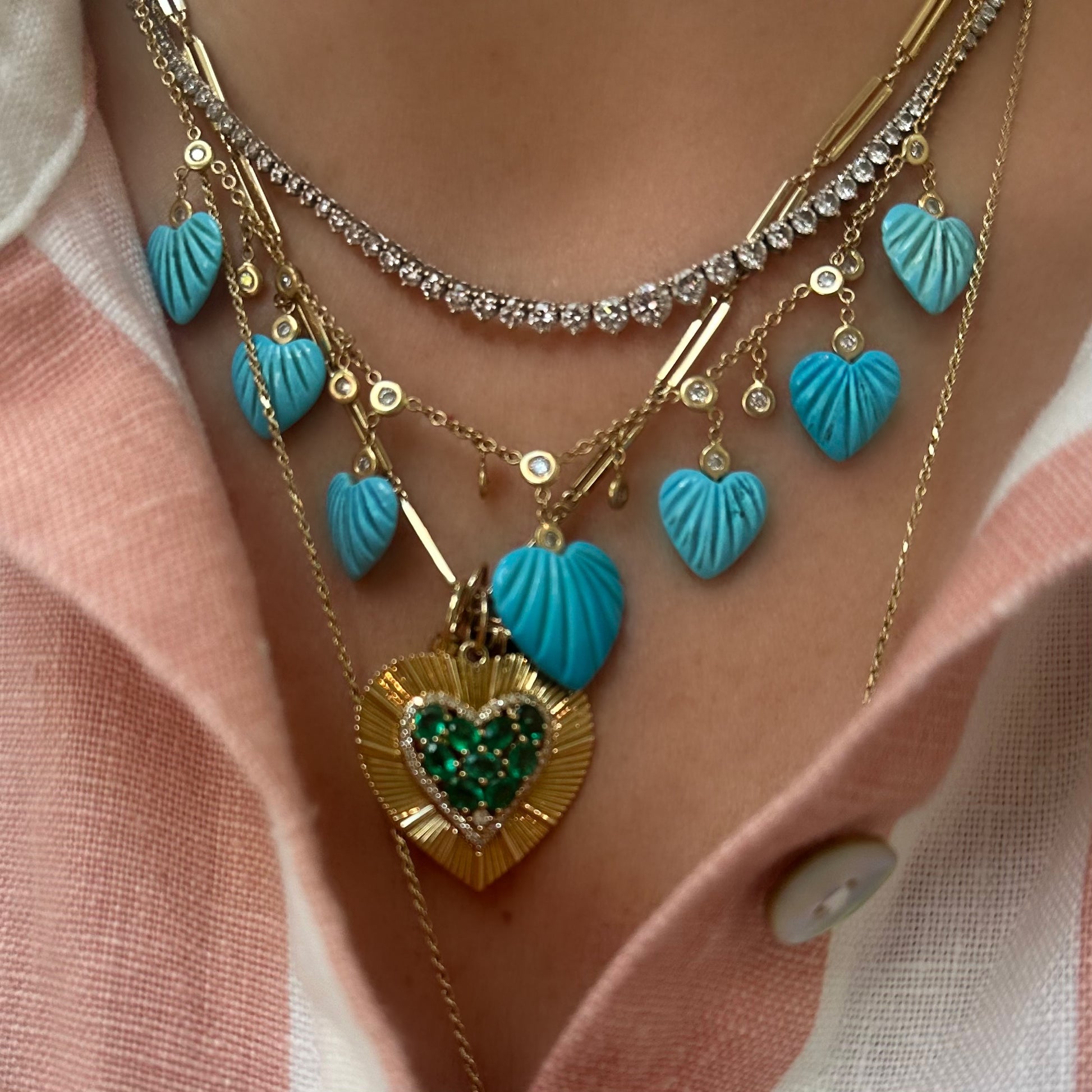 Carved Turquoise Hears & Diamond Dangle Necklace