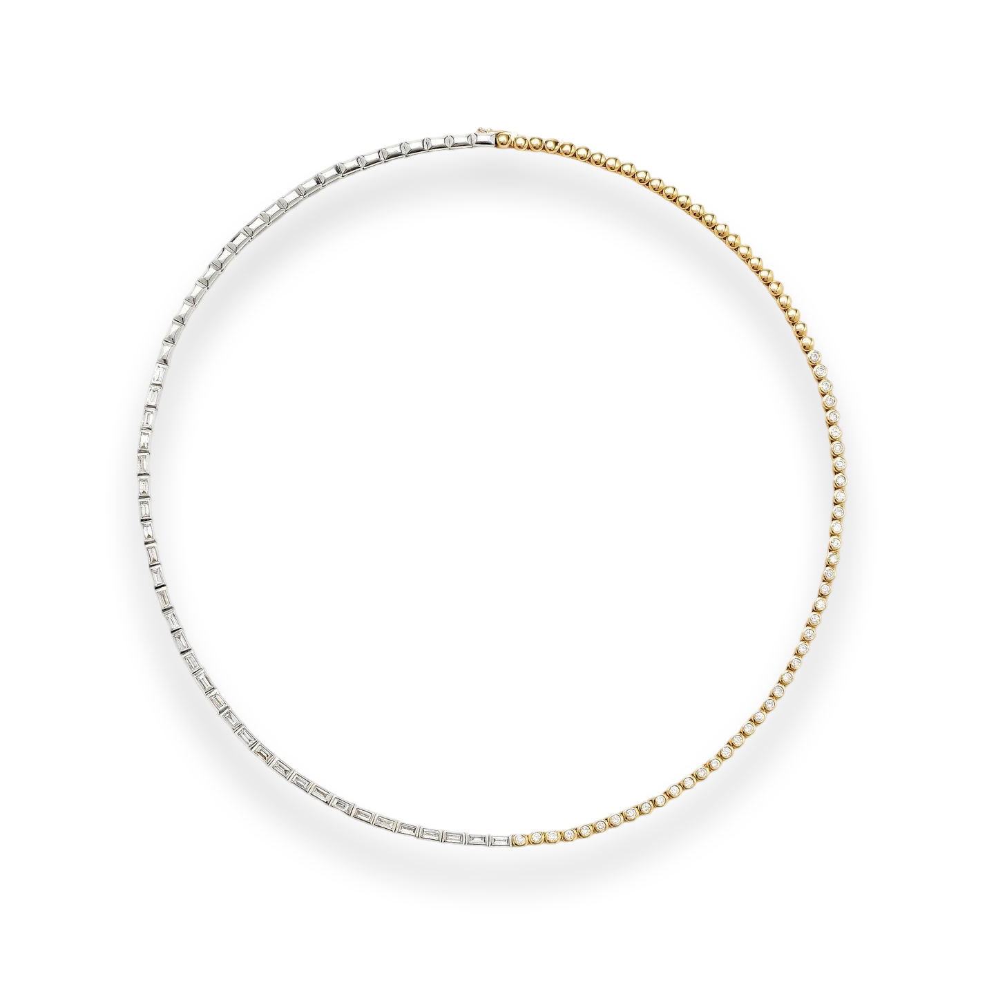 Two Tone Baguette Cut & Round Bezel Diamond Tennis Necklace