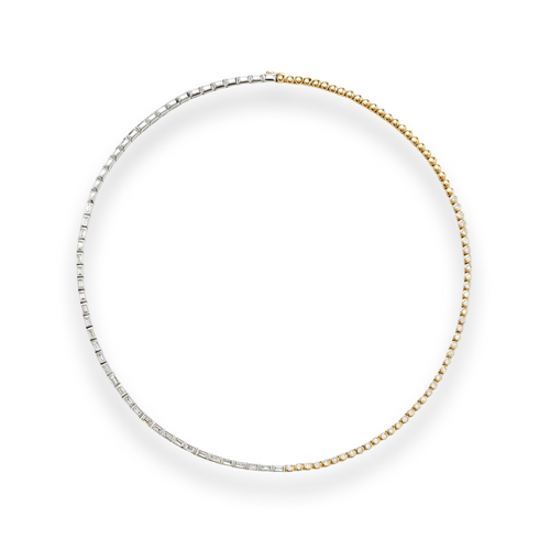 Two Tone Baguette Cut & Round Bezel Diamond Tennis Necklace