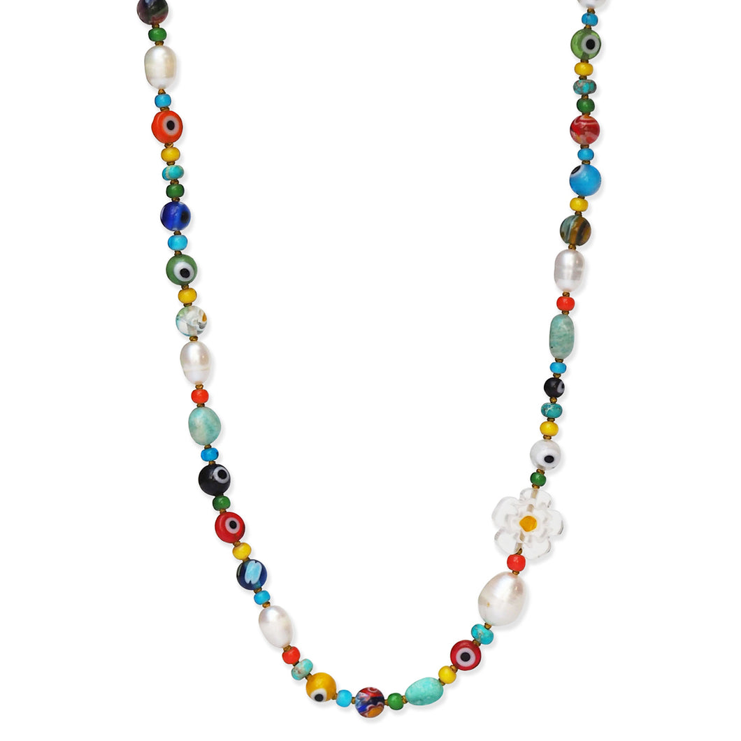 Skinny Pearl Evil Eye Flower Beaded Necklace