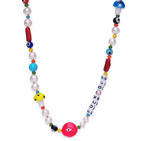Fuck Off or Love Beaded Necklace with Icons & Hand Painted Pearl