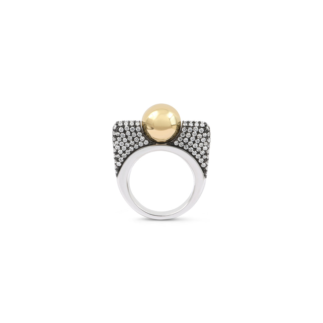 Edgy High Polish Ball & Pave Diamond Ring