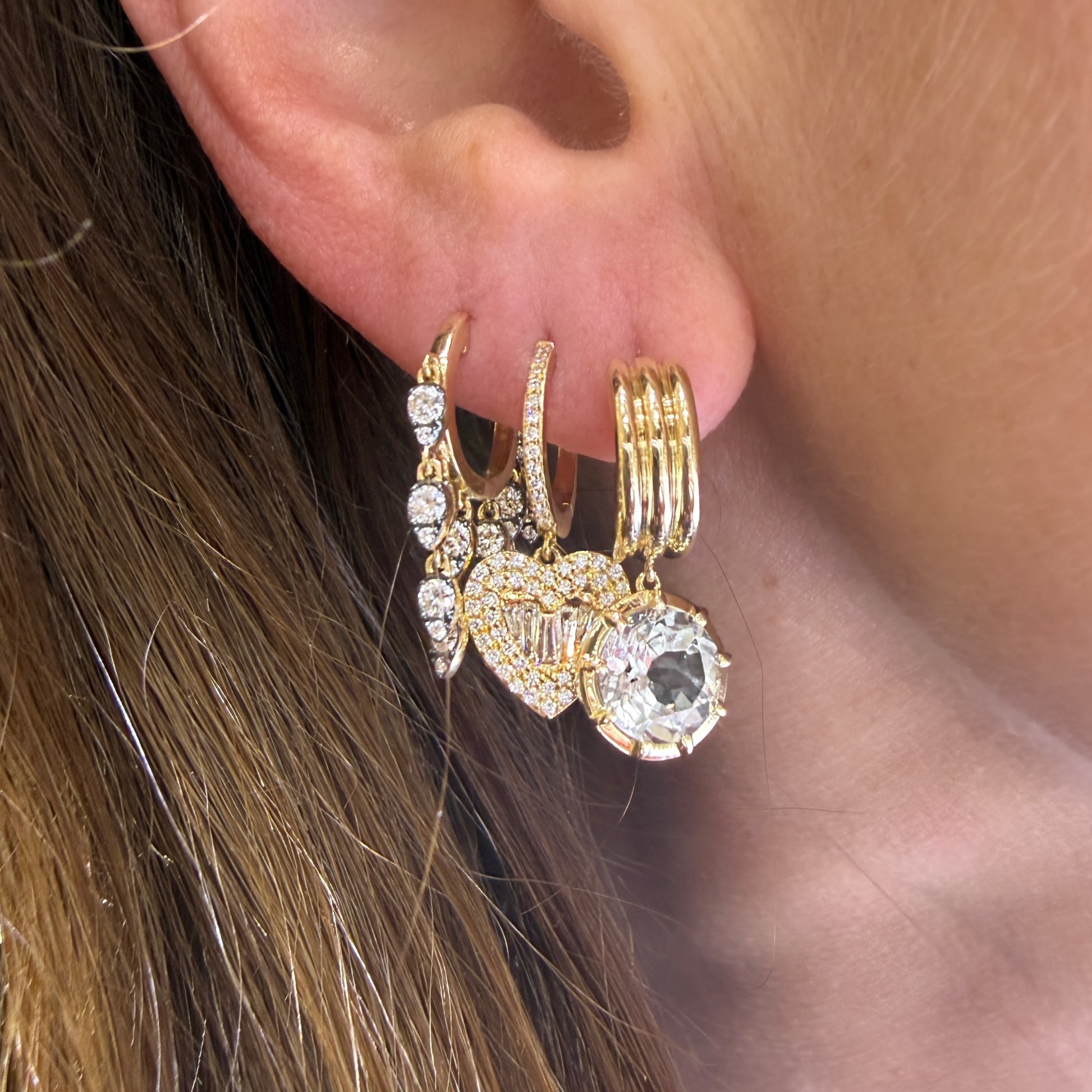 Diamond Huggie Hoop Heart Drop Earrings