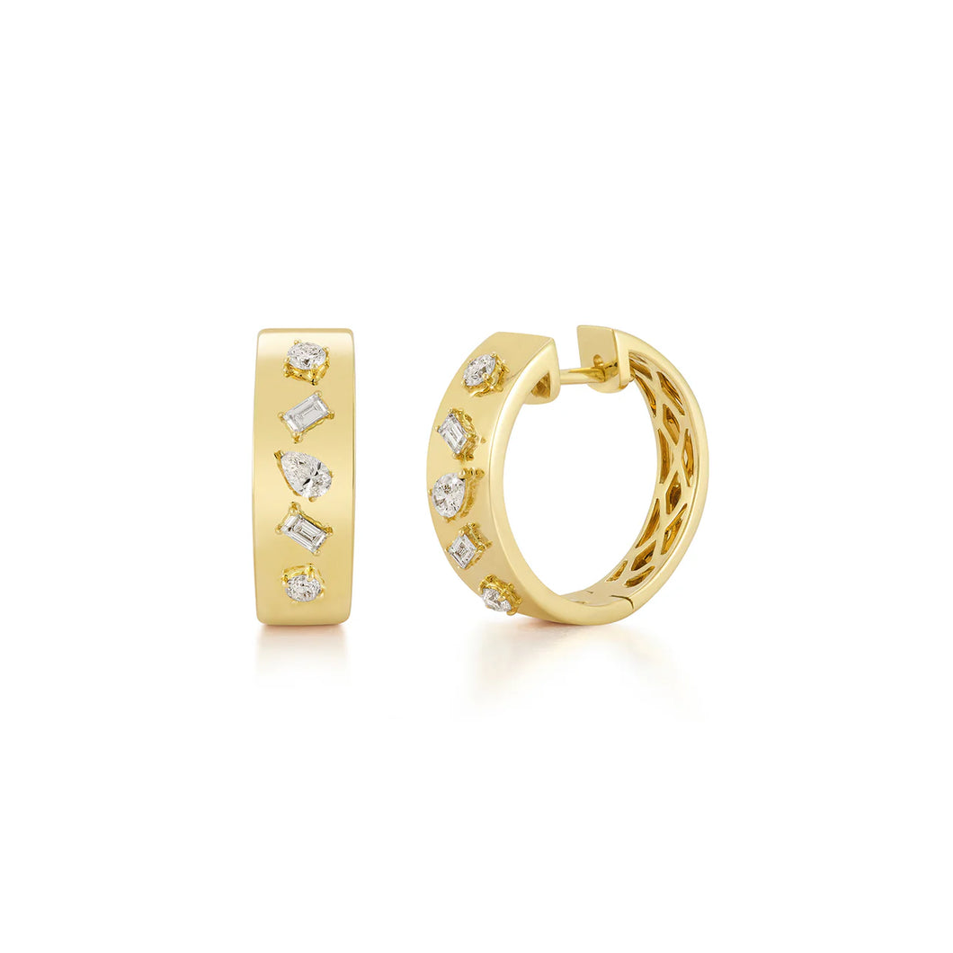 Diamond Multifaceted Gold Hoop Earrings