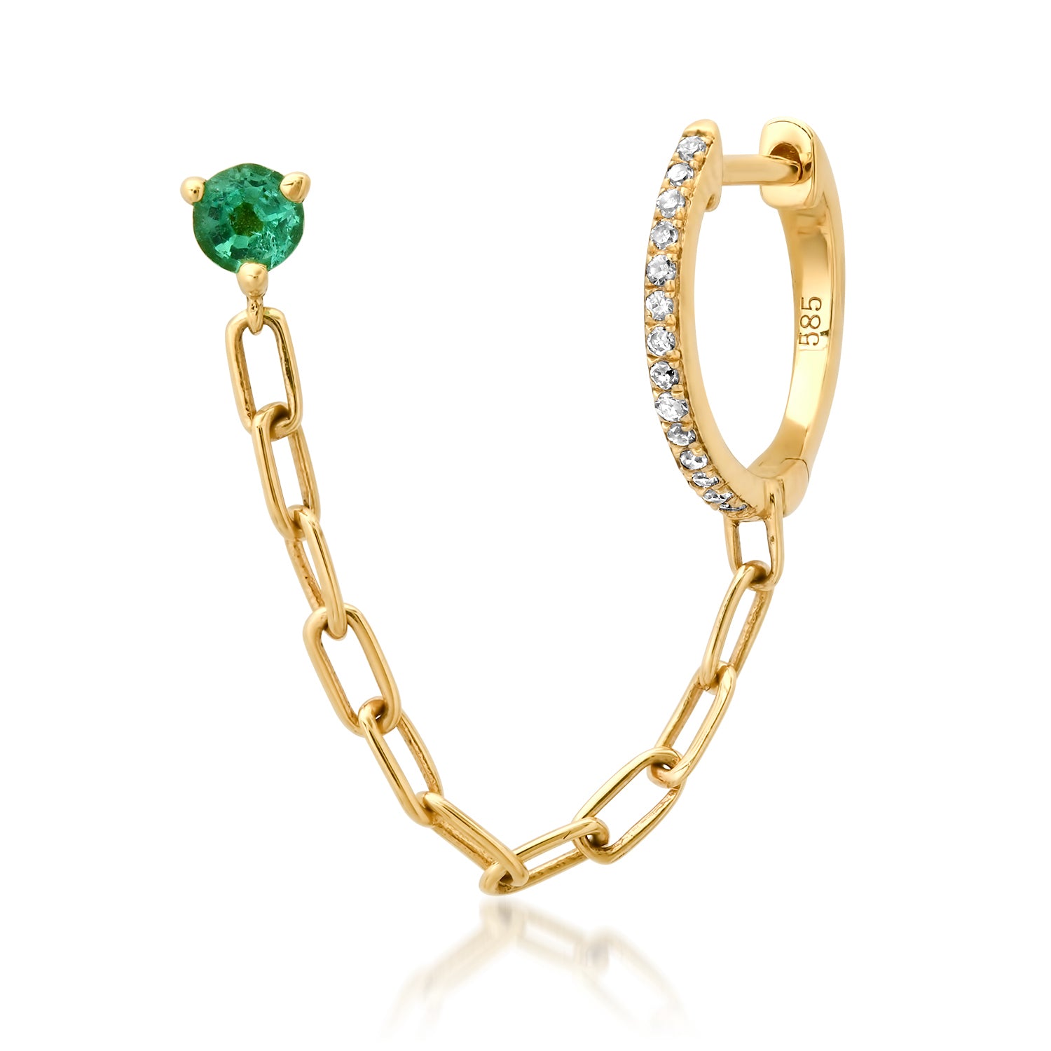 Double Pierce Diamond & Emerald Chain Huggie Hoop & Stud Earring