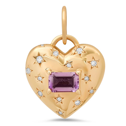 Double Sided Diamond Star & Amethyst Heart Charm Pendant