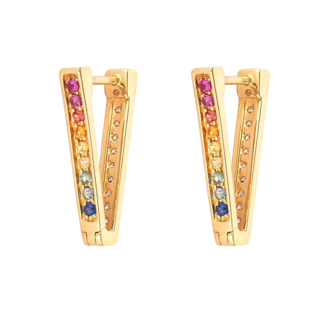 Double Sided Rainbow Sapphire & Diamond V Hoop