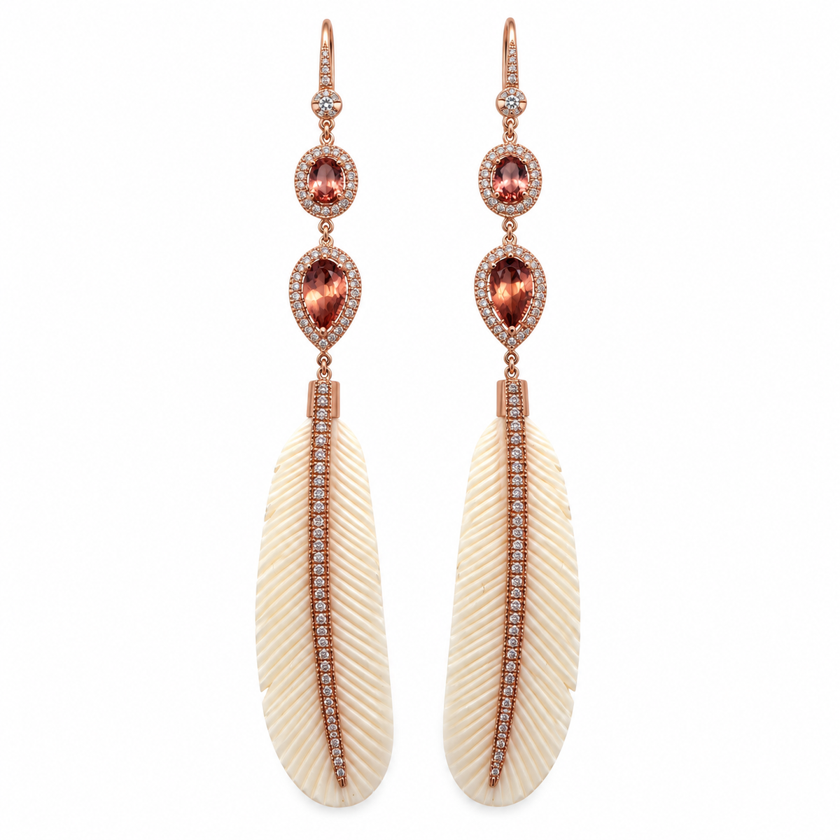 Sophia Pave Diamond & Pink Tourmaline Bone Feather Drop Earrings