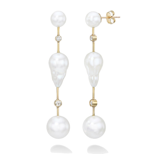 Round Cloudier Pearl & Diamond Bar Earrings