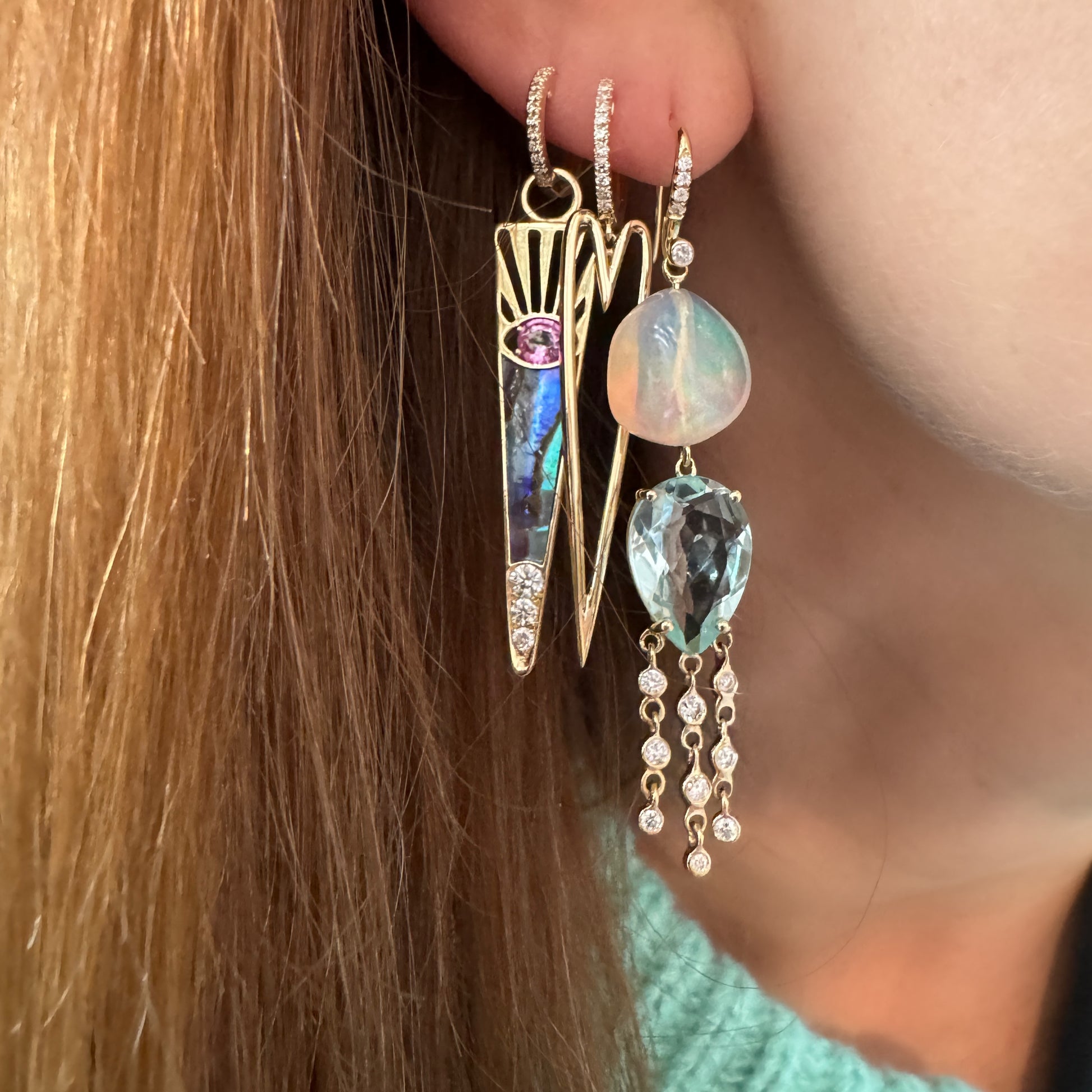 Elongated Happy Heart Diamond Drop Huggie Hoops