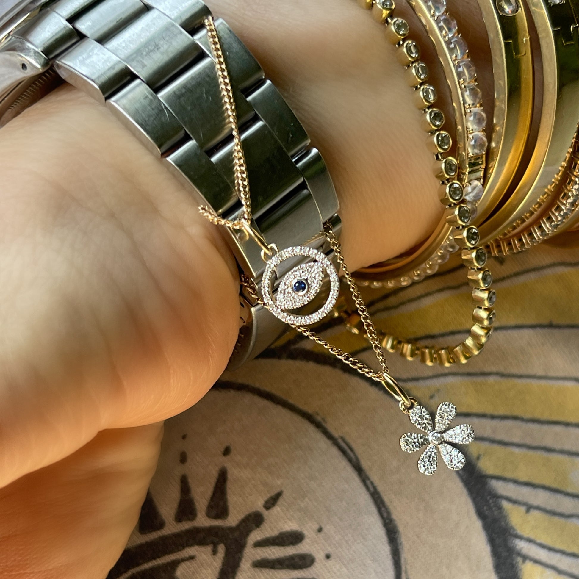Diamond & Sapphire Evil Eye Watch Charm Bracelet