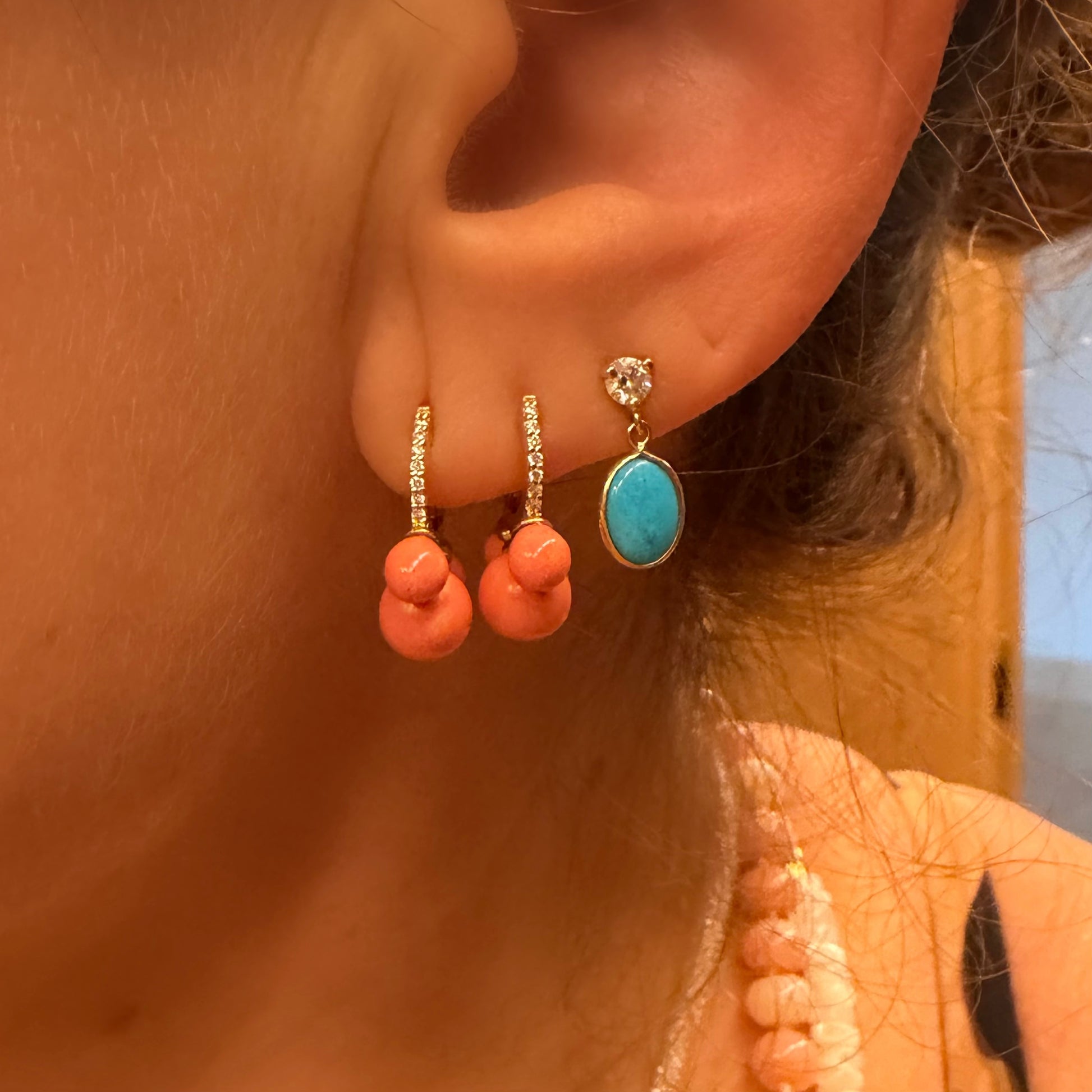 Trio Gemstone & Pave Diamond Huggie Hoop Earrings