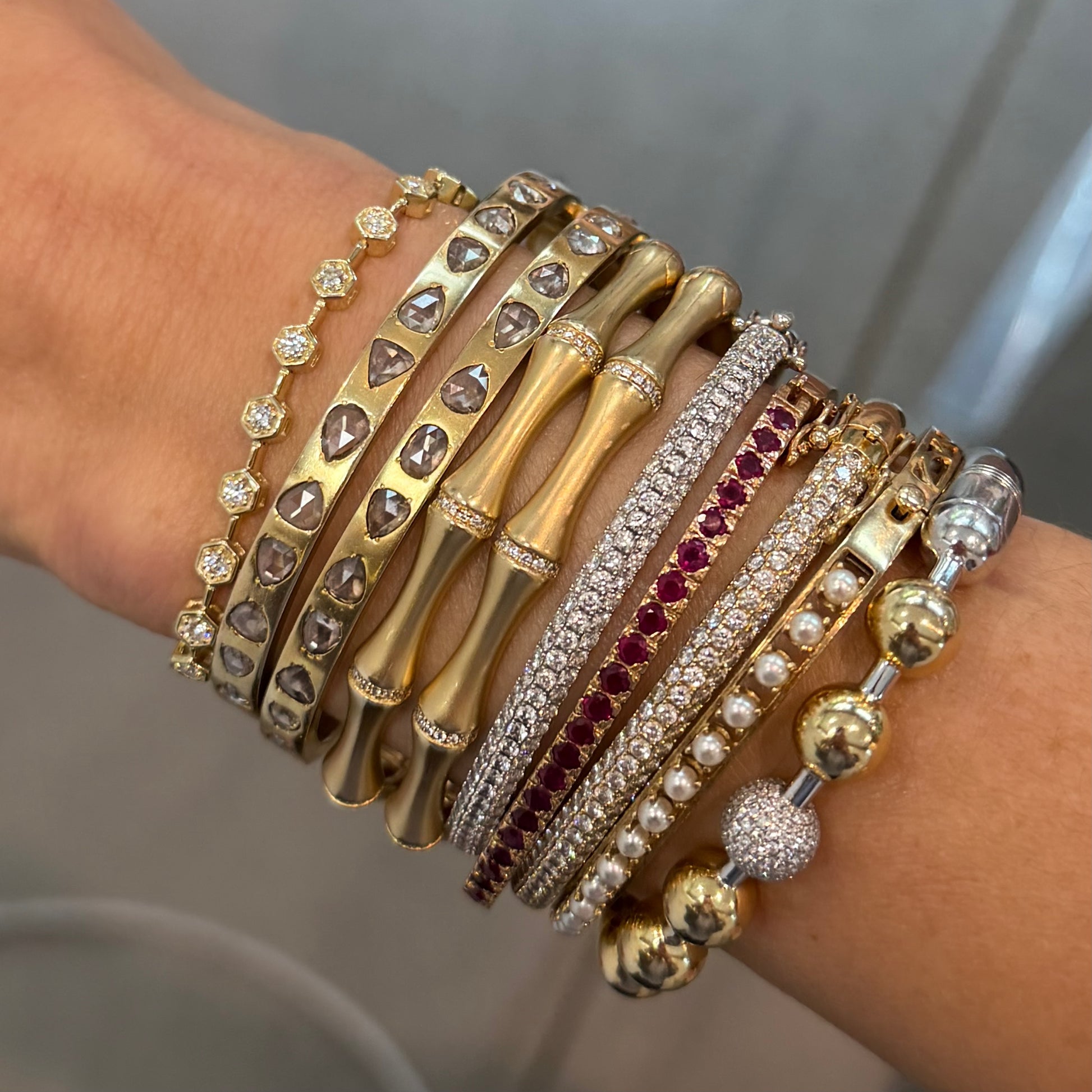 Matte Gold & Diamond Bamboo Bangle Bracelet