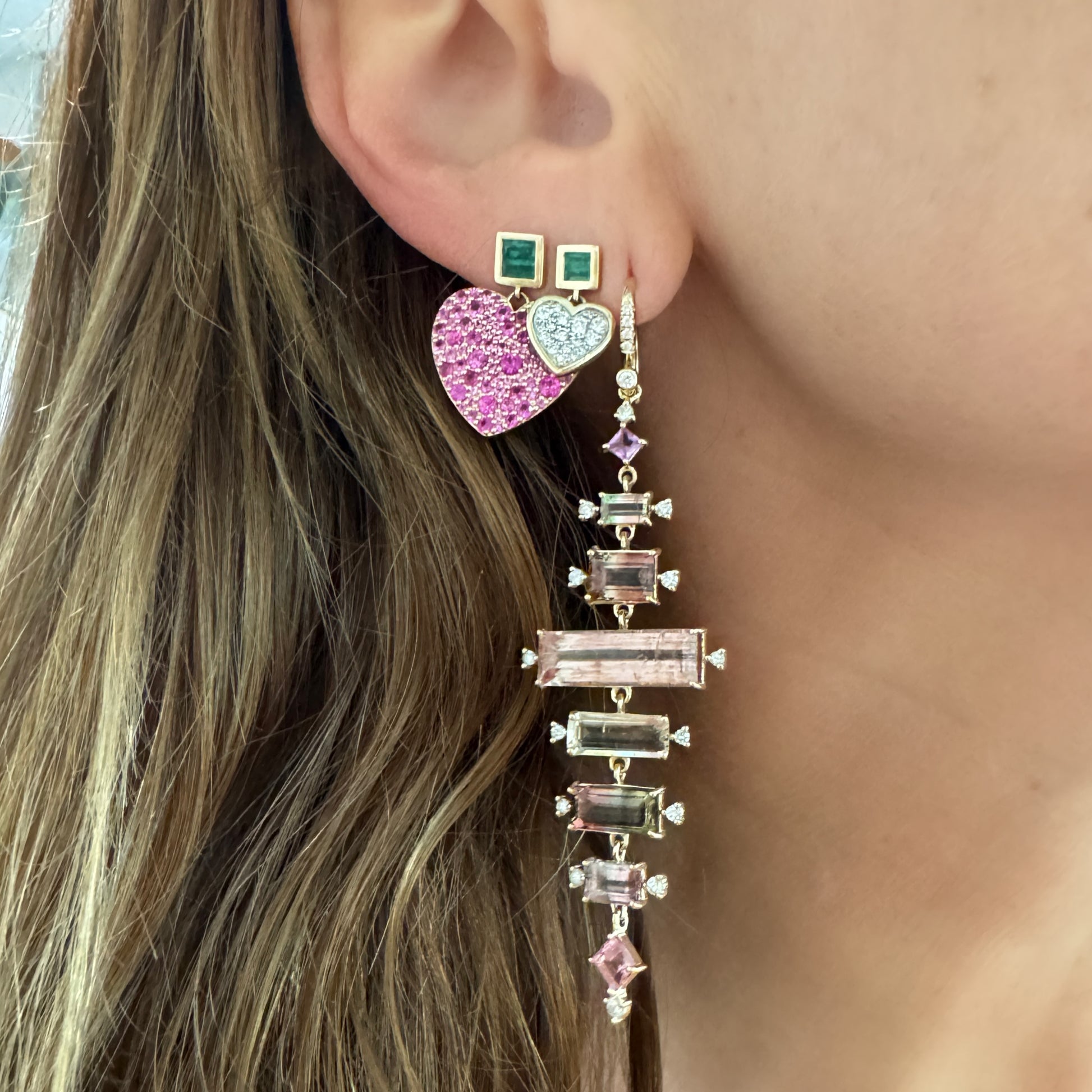 Small Diamond & Emerald Sweetheart Earrings