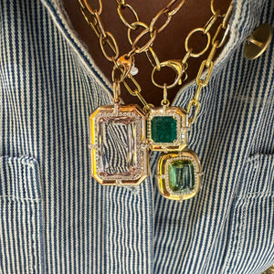 Green Tourmaline & Diamond Cushion Cut Pendant Chain Necklace