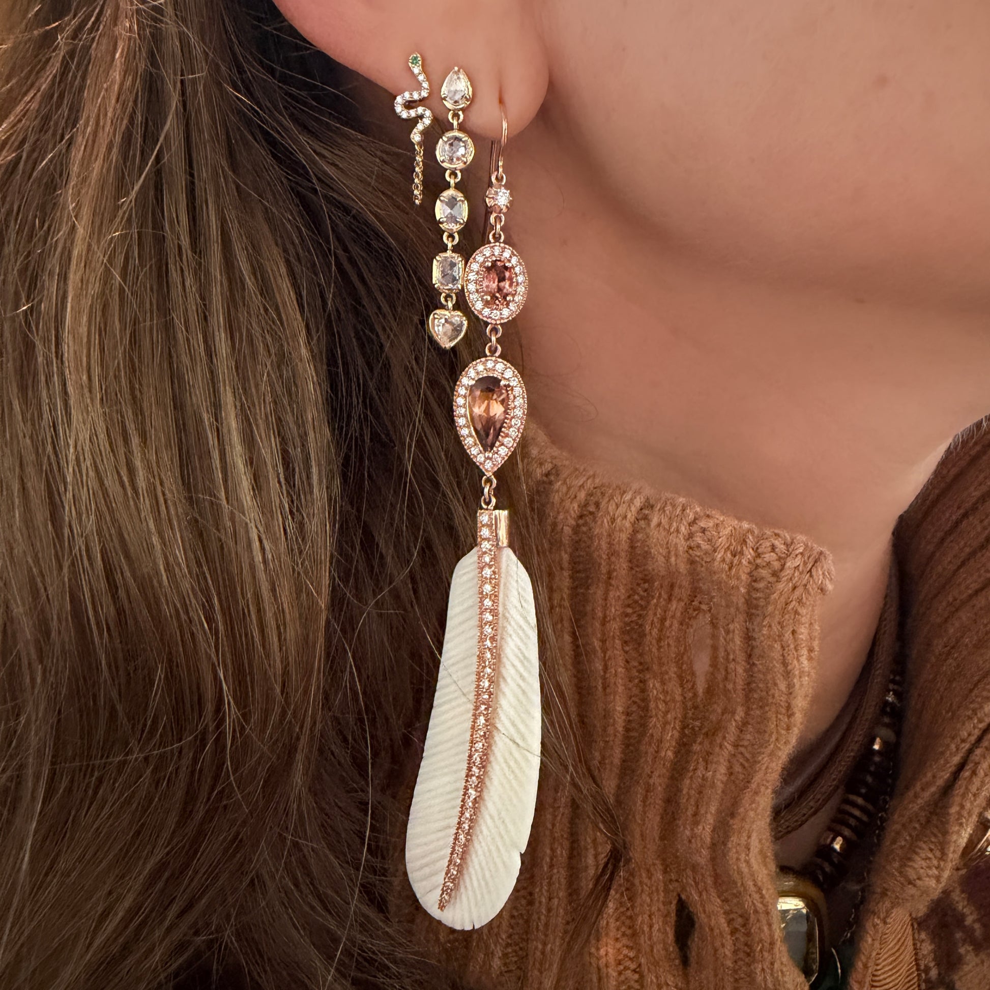 Sophia Pave Diamond & Pink Tourmaline Bone Feather Drop Earrings