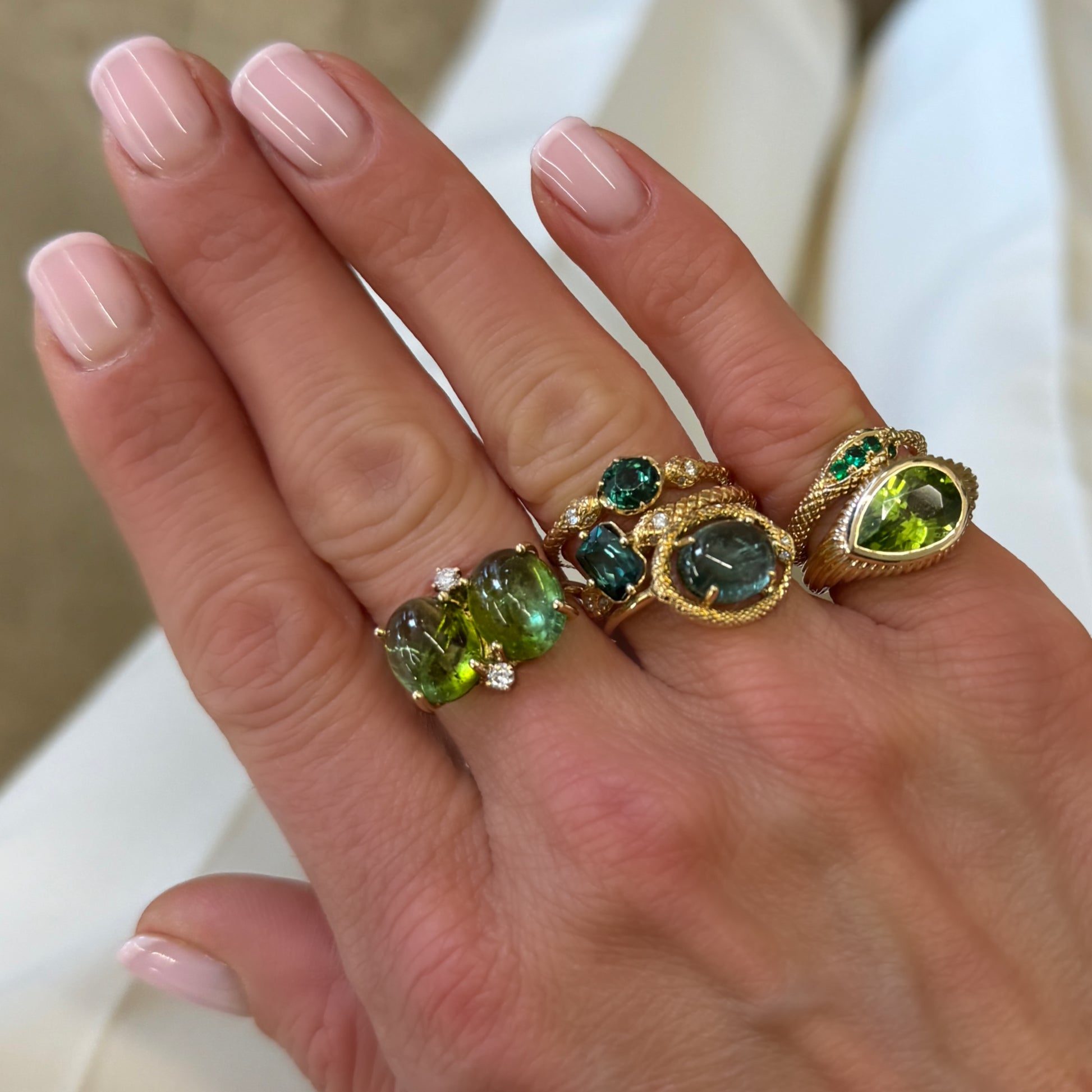 One of a Kind Double Snake Ring with Emerald Cut Tourmaline