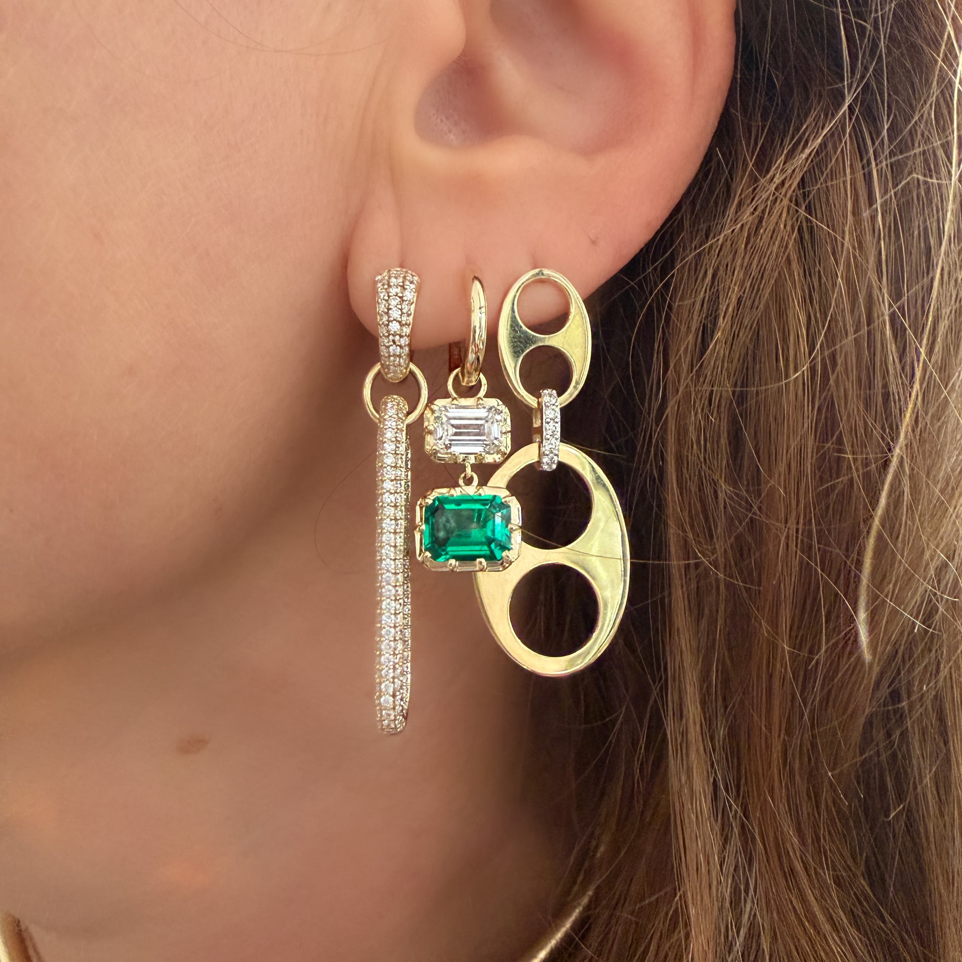 Mismatched Lab Grown Emerald & Diamond Drop Huggie Hoop Earrings