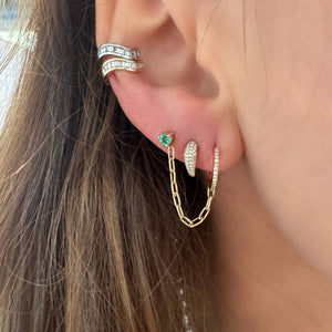 Double Pierce Diamond & Emerald Chain Huggie Hoop & Stud Earring