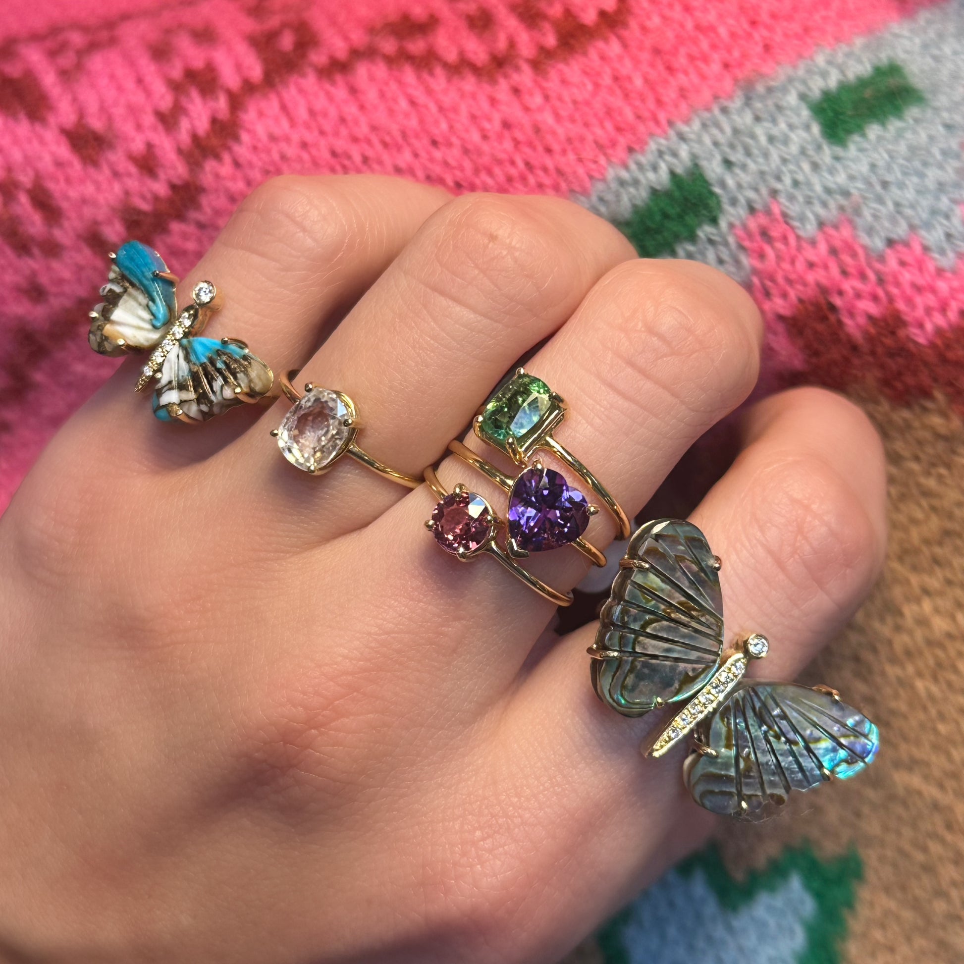 Small Hand Carved Gemstone Butterfly Ring