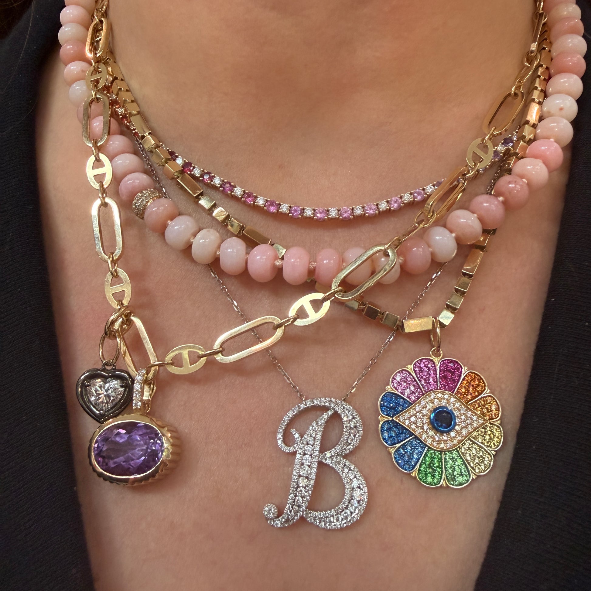 Pink Opal Adjustable Beaded Necklace with Diamond Bead