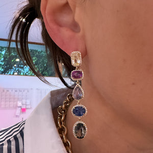 Multi Linear Drop Earrings with Rainbow Sapphires & Diamonds