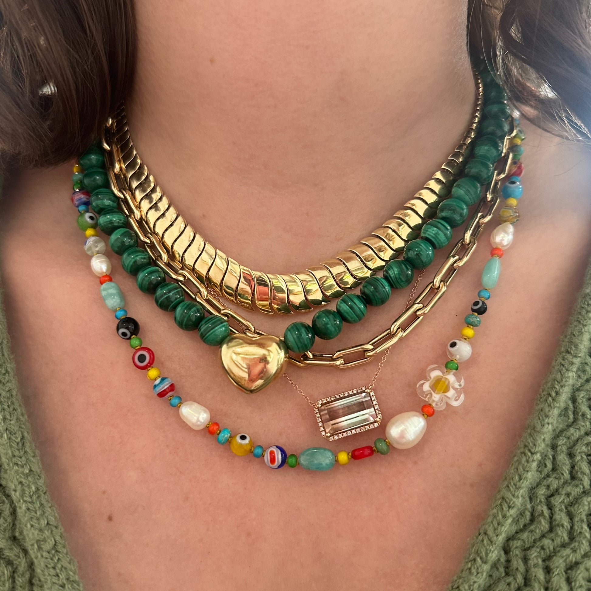 Skinny Pearl Evil Eye Flower Beaded Necklace