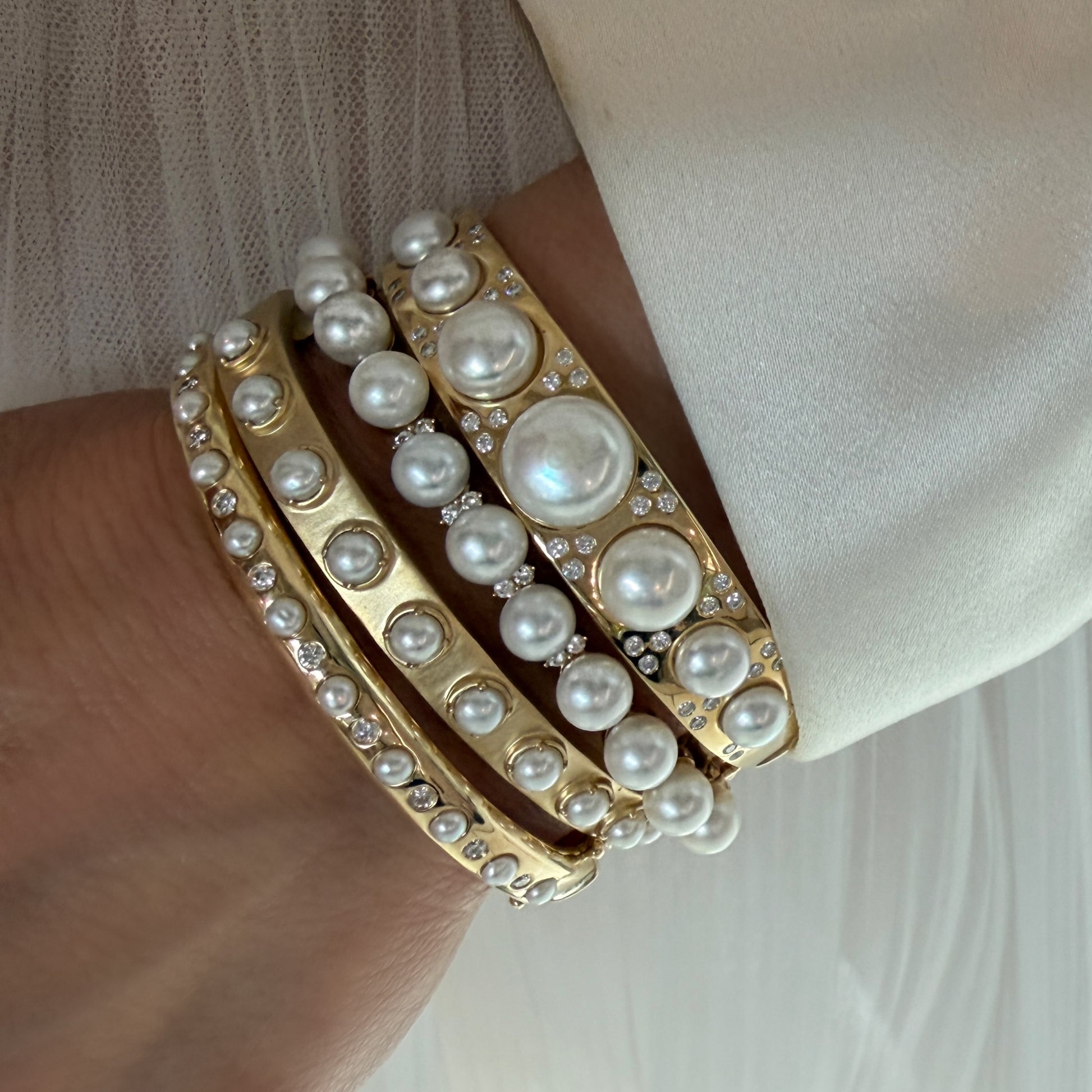 Wide Graduated Pearl & Scattered Diamond Bangle Bracelet