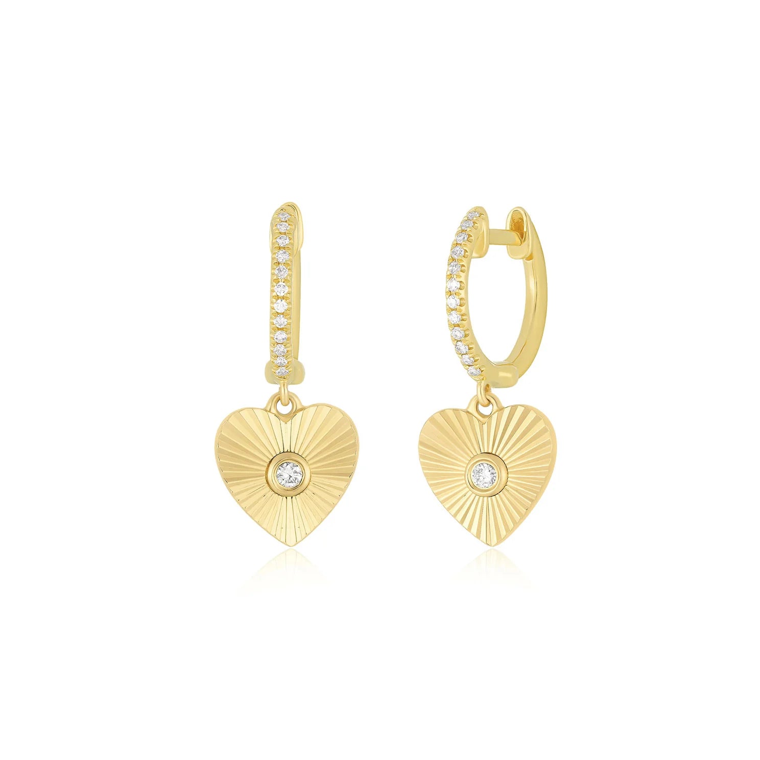 Fluted Gold & Diamond Heart Drop Huggie Hoop Earrings