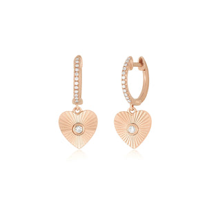 Fluted Gold & Diamond Heart Drop Huggie Hoop Earrings