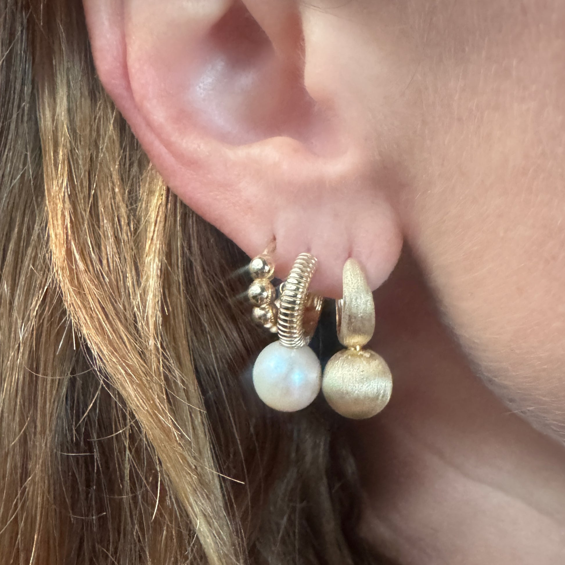 Fluted Pearl Drop Huggie Hoop Earrings