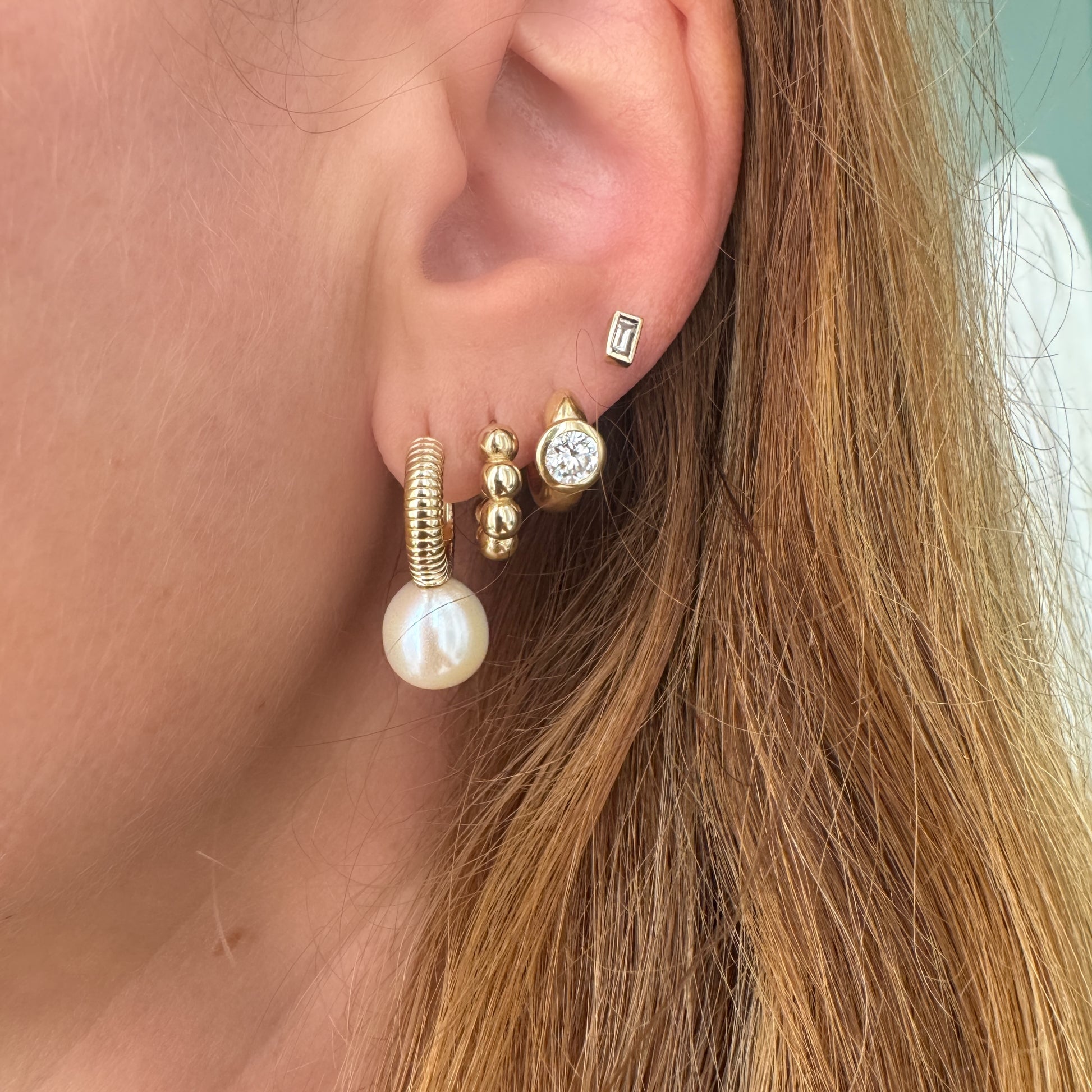 Fluted Pearl Drop Huggie Hoop Earrings
