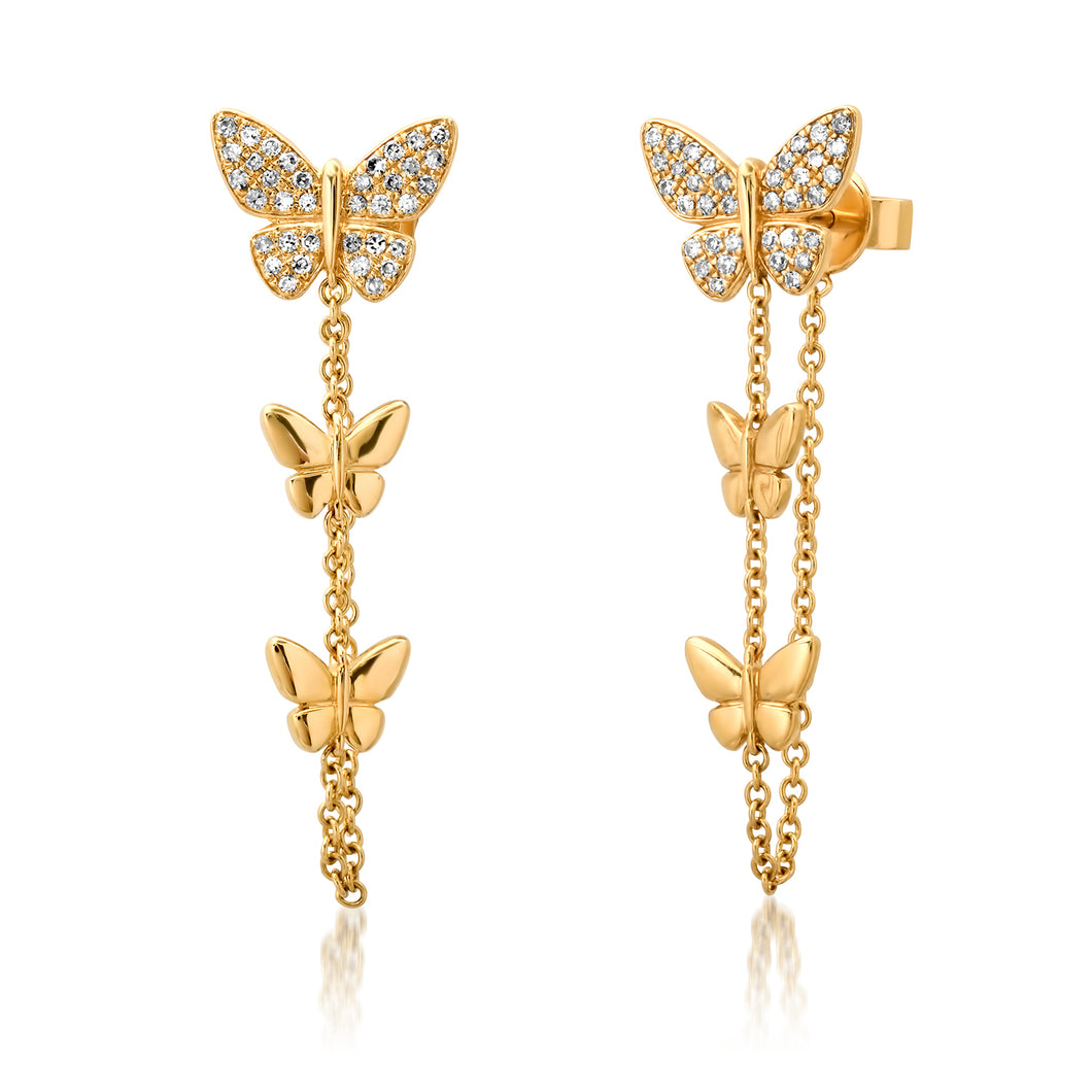 Glam Diamond & Gold Butterfly Chain Drop Earrings