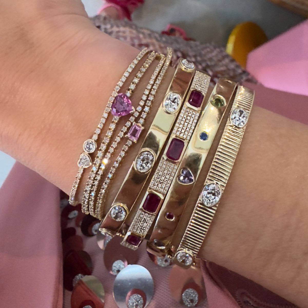 High Polish Gold Bangle Bracelet with Oval Diamond Bezels