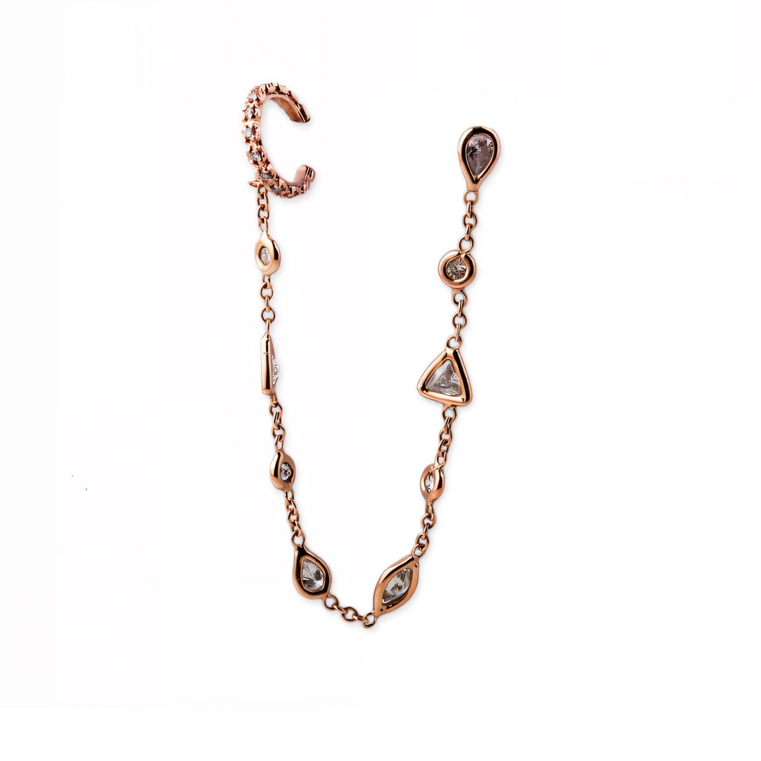 Multi Shape Diamond Chain Stud Earring with Ear Cuff