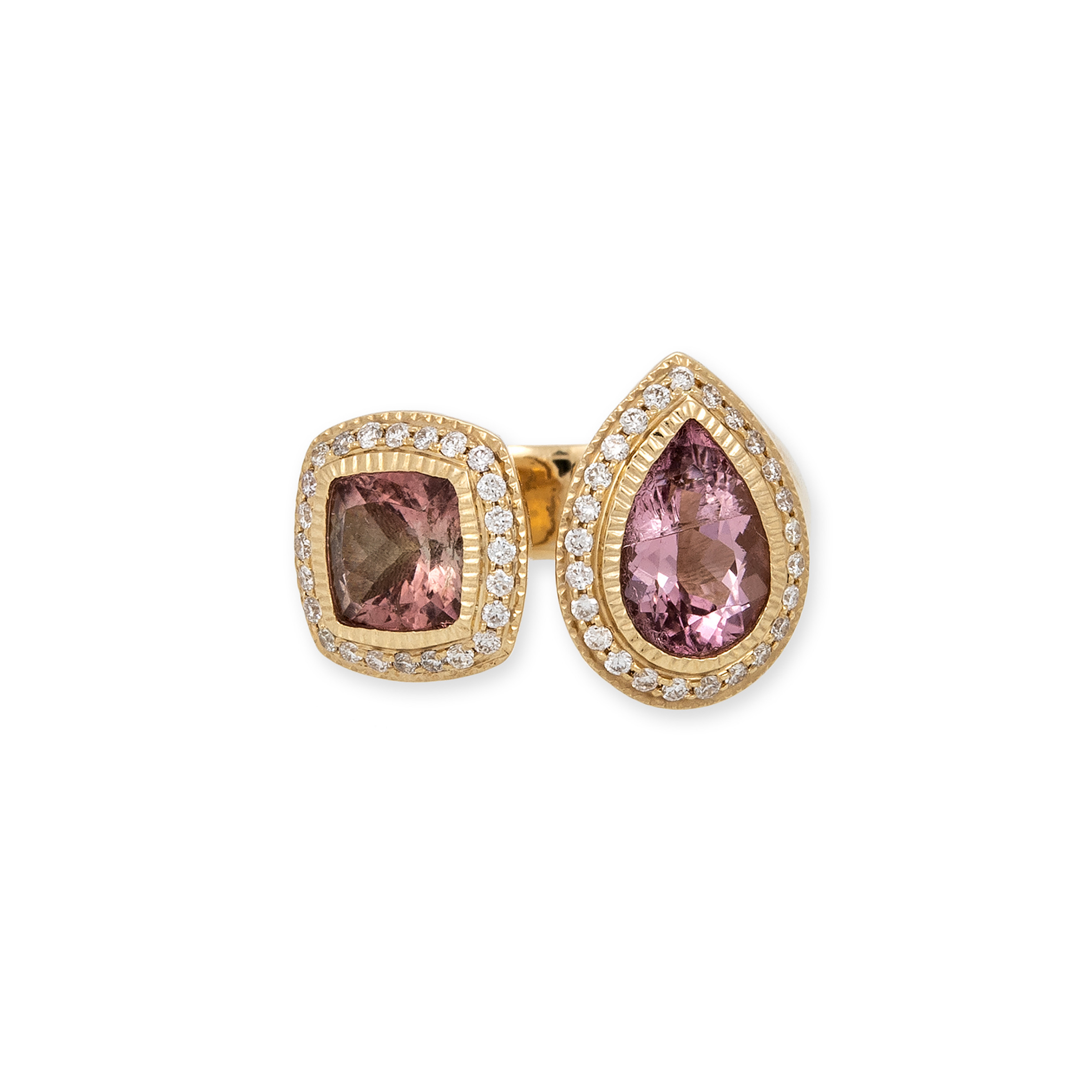 Pink Tourmaline Pear & Square Toi & Moi Ring with Pave Diamonds